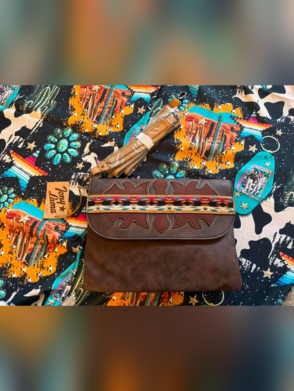 Tony Lama Brown Western Crossbody Shoulder Bag with Multicolor Embroidered Trim